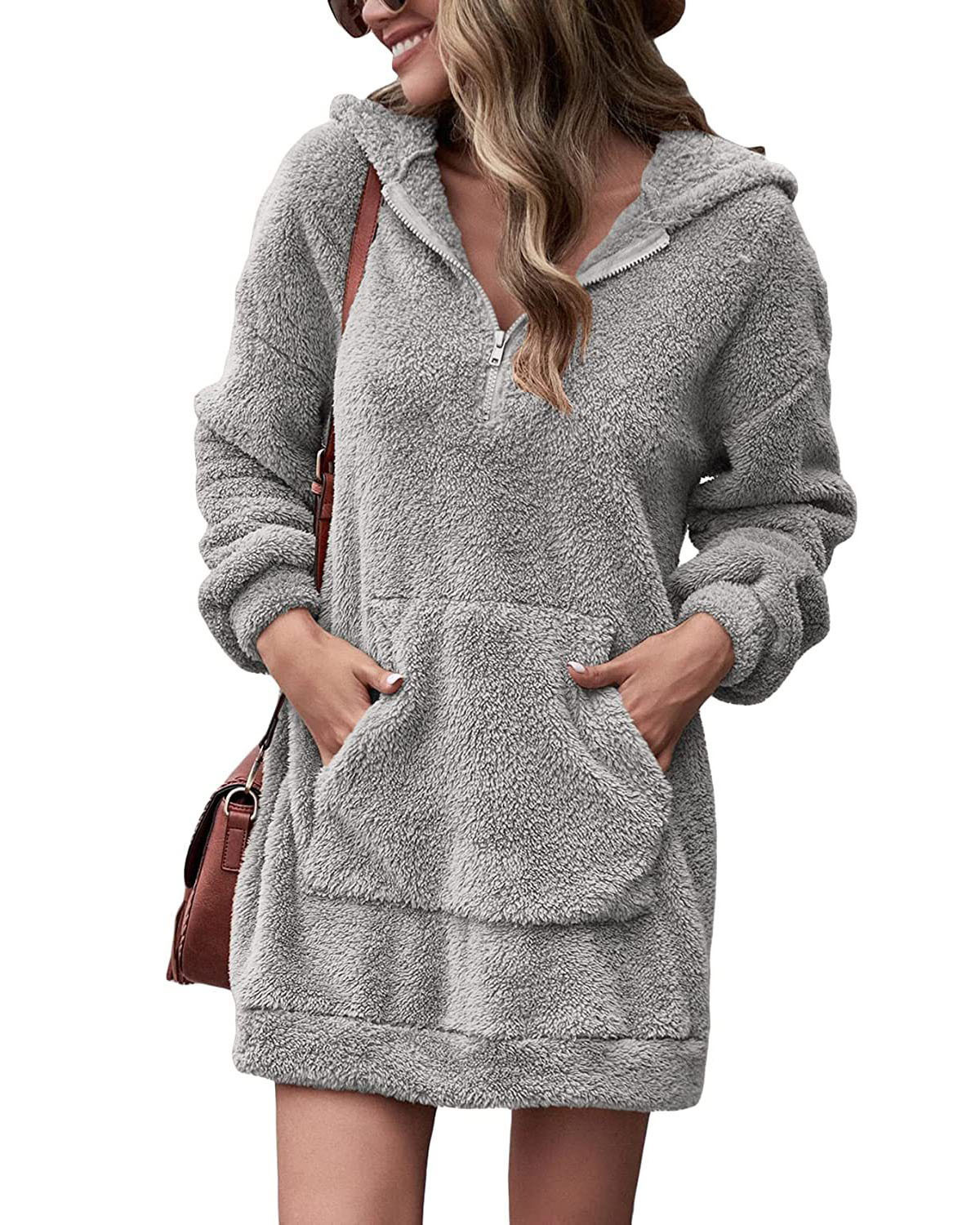2022 new European and American cross-border autumn and winter women's clothing double-sided fleece hooded loose zipper plush pocket sweater jacket - Image 8