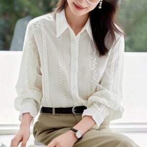 Women's Apricot Embroidered Collared Cotton Shirt