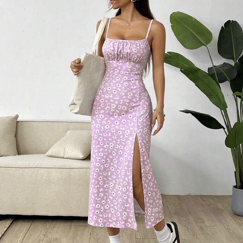 2025 New Foreign Trade Amazon Spring/Summer Camisole Strapless Slit Daisy Bodycon Print Midi Dress for Women - Image 12