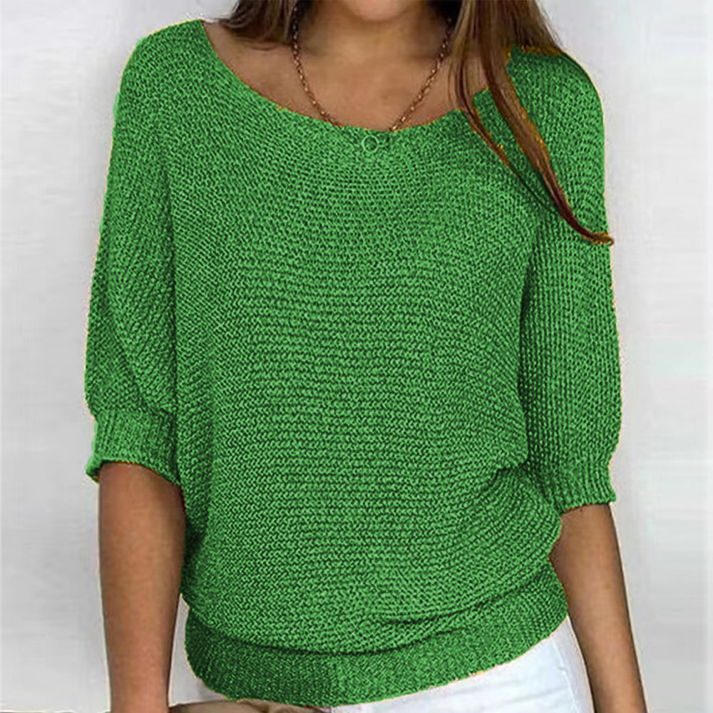 2026 New Russian AliExpress Wish Solid Color Crew Neck Knitted Top Women's Three-Quarter Sleeve Top Air Conditioning Shirt In Stock - Image 8