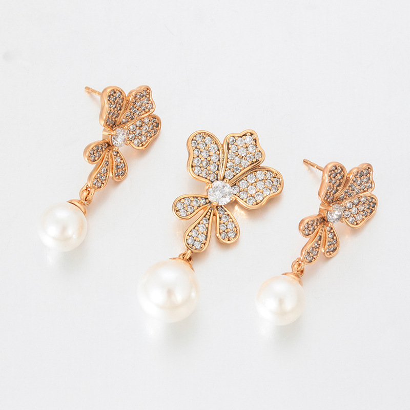 Xuping Niche Retro Style Earrings Pendant Jewelry Set, Copper Alloy Imitation Pearl Flower Tassel Jewelry Wholesale for Women - Image 5