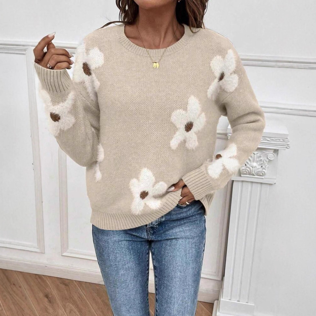 Amazon European and American fashion pullover round neck long-sleeved sweater European and American cross-border foreign trade floral print clothing autumn women's clothes