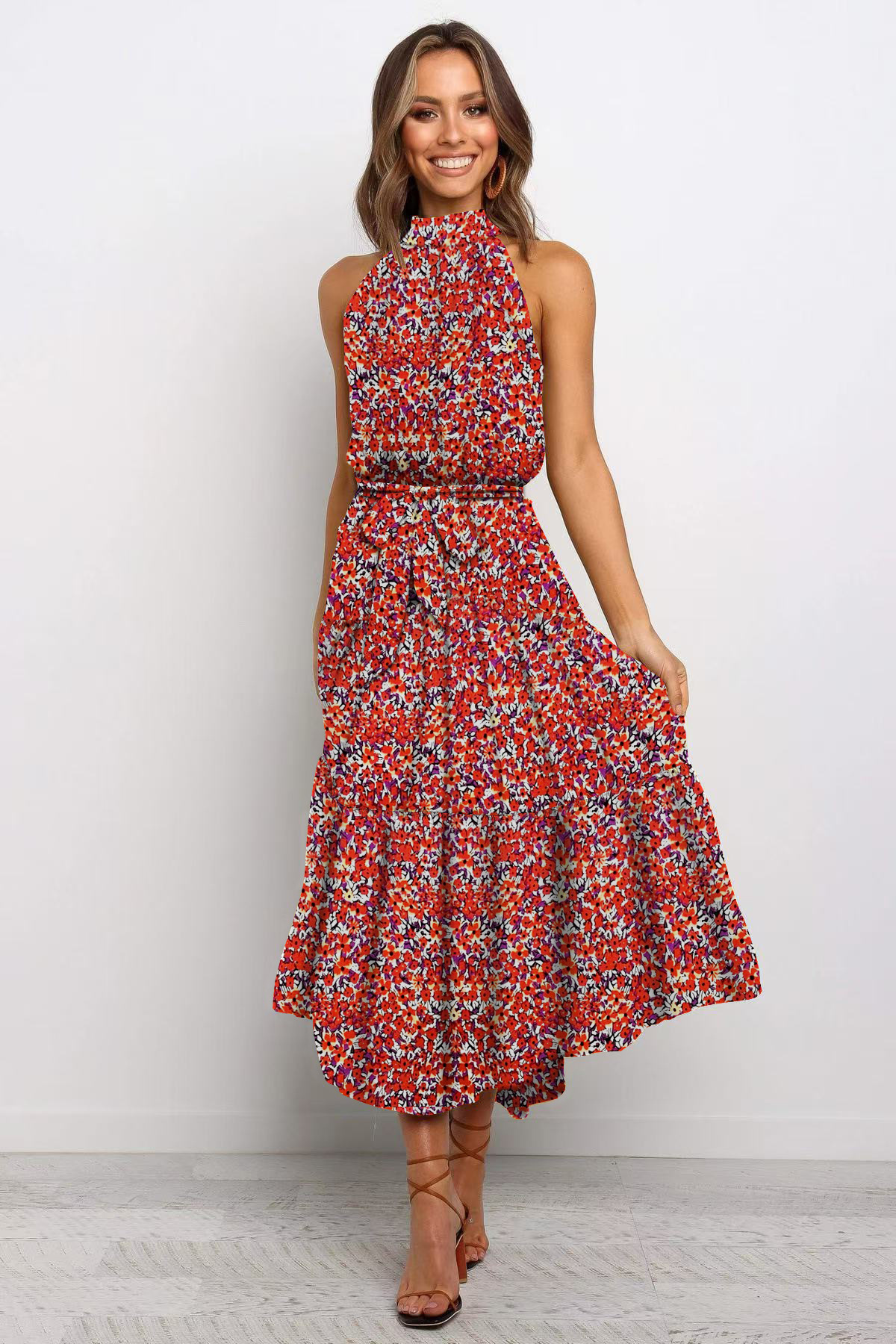 2025 European and American cross-border Amazon women's long skirt foreign trade hot-selling new halter neck polka dot print lace-up dress - Image 9