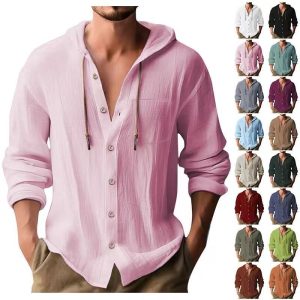 Cross-border European and American 2025 New Hot Selling Sports Trendy Hooded T-shirt Solid Color Cotton Linen Casual Long Sleeve Men's Shirt