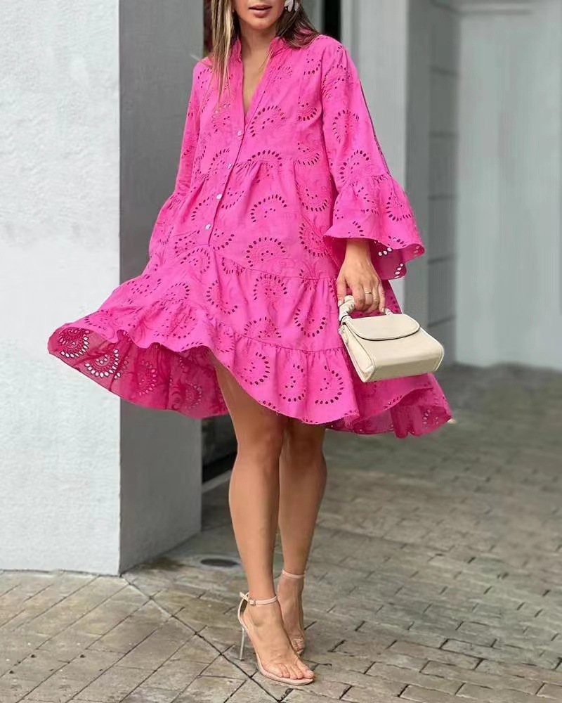 Spot 2023 European and American cross-border spring and summer Amazon solid color V-neck loose embroidery hollow lace dress - Image 13