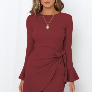 Factory direct sales Europe and the United States fashion autumn clothes small trumpet ruffles long-sleeved slim bow temperament high-end dress