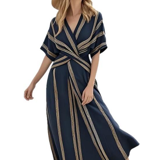 New European and American style summer vacation V-neck women's short-sleeved pleated maxi dress - Image 5