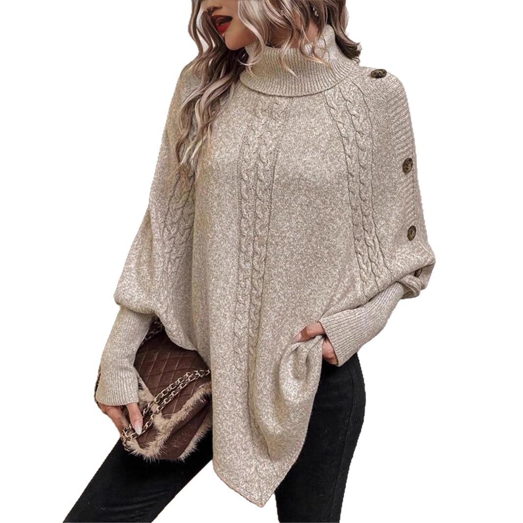 European and American style autumn/winter cable knit women's sweater, Amazon cross-border fashion high neck button decoration long sleeve batwing sweater - Image 6