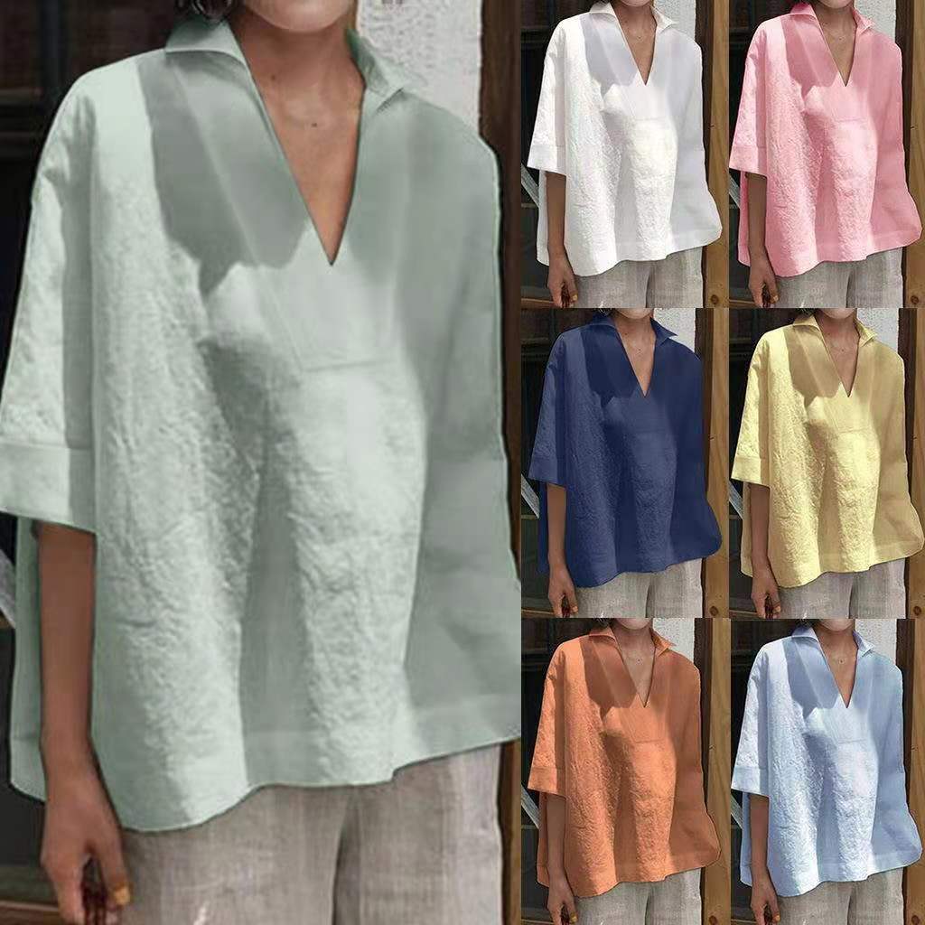2026 Spring/Summer Amazon European and American Cross-Border V-Neck Cotton Linen Versatile Solid Color Plus Size Loose Mid-Sleeve Women's Shirt