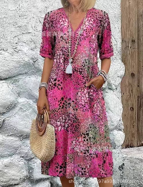 2025 European and American Fashion Cross-border New Casual Vacation Long Dress with Pockets and Lace Trim V-neck Short Sleeve Dress for Women - Image 11