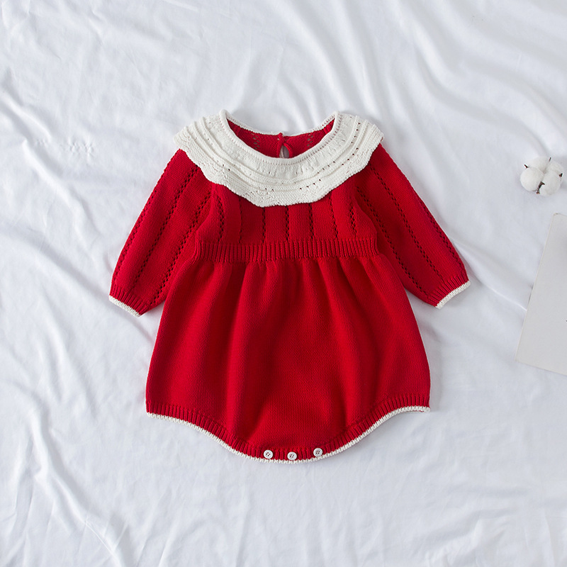 2022 Korean Spring New Infant Knitted Jumpsuit Female Baby Baby Doll Collar Long Sleeve Cotton Harness Romper - Image 4