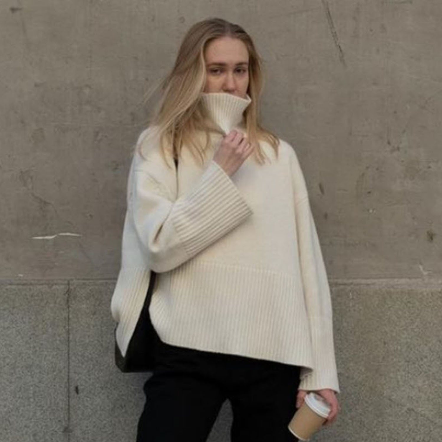 2021 cross-border autumn and winter new AliExpress Amazon popular women's high-neck knitted striped slit sweater top - Image 9