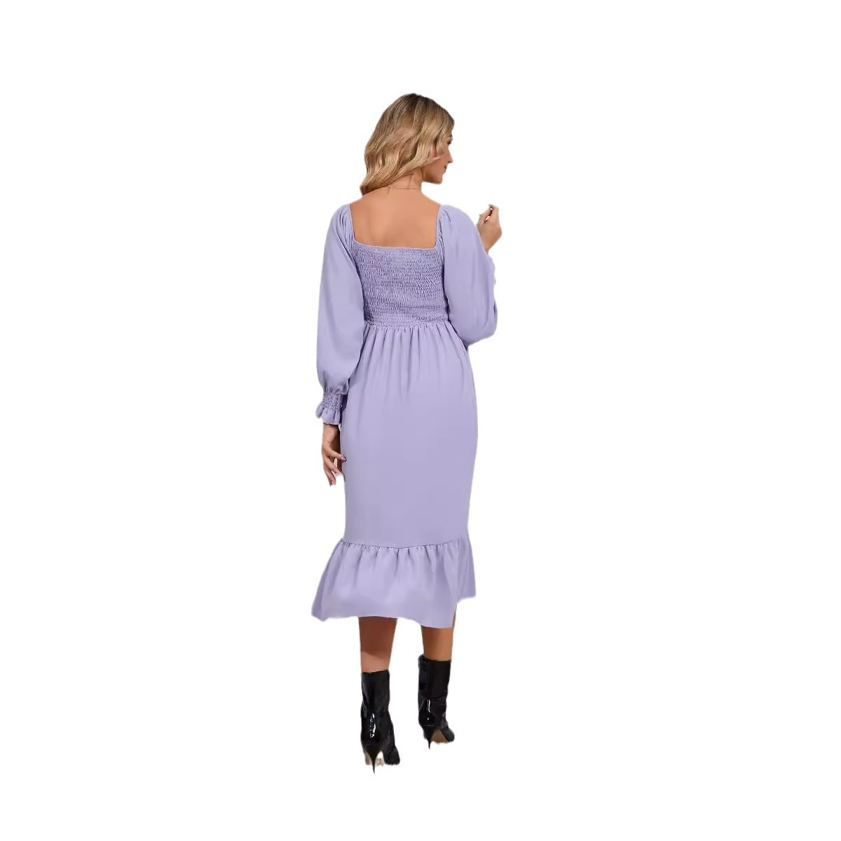 square collar spring and autumn new long sleeve ruffled high waist maternity skirt solid color dress early pregnancy skirt - Image 5