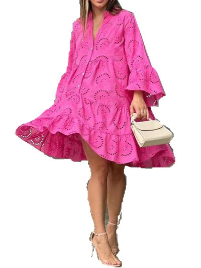 2023 European and American cross-border spring and summer Amazon solid color V-neck loose embroidery hollow lace flower sexy dress - Image 5