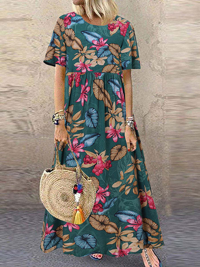2022 European and American cross-border new long skirt Amazon round neck casual women's retro floral print loose short-sleeved - Image 9