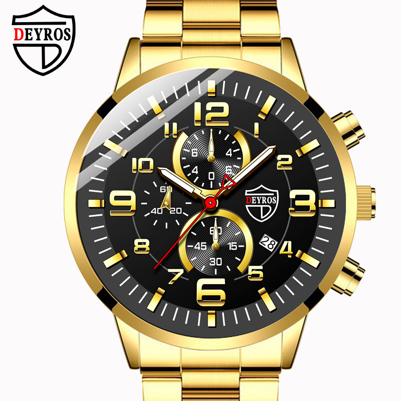 DEYROS Gold Watch Big Dial Men's Watch Middle East Explosive Luminous Calendar Steel Band Men's Watch - Image 2