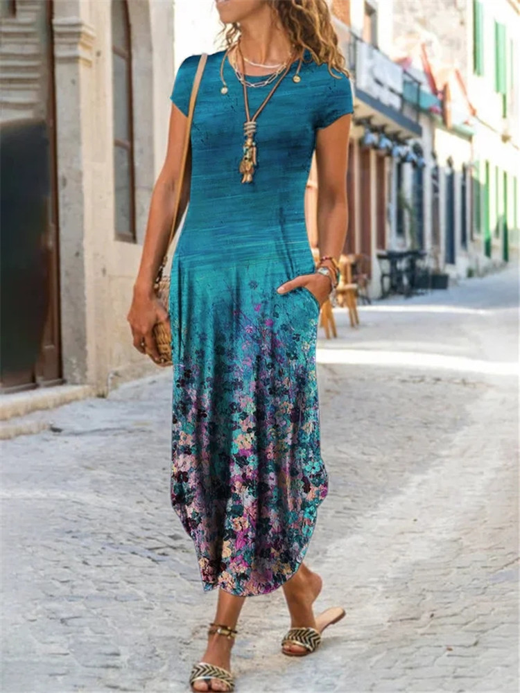 2021 European and American cross-border new Amazon independent station women's round neck pocket short-sleeved trendy printed dress - Image 5