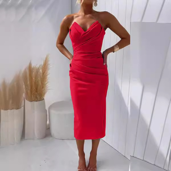 2024 Cross-Border Hot Selling Independent Website Fashionable European and American Sexy Elegant Strapless Slit Solid Color Dress - Versatile - Image 4