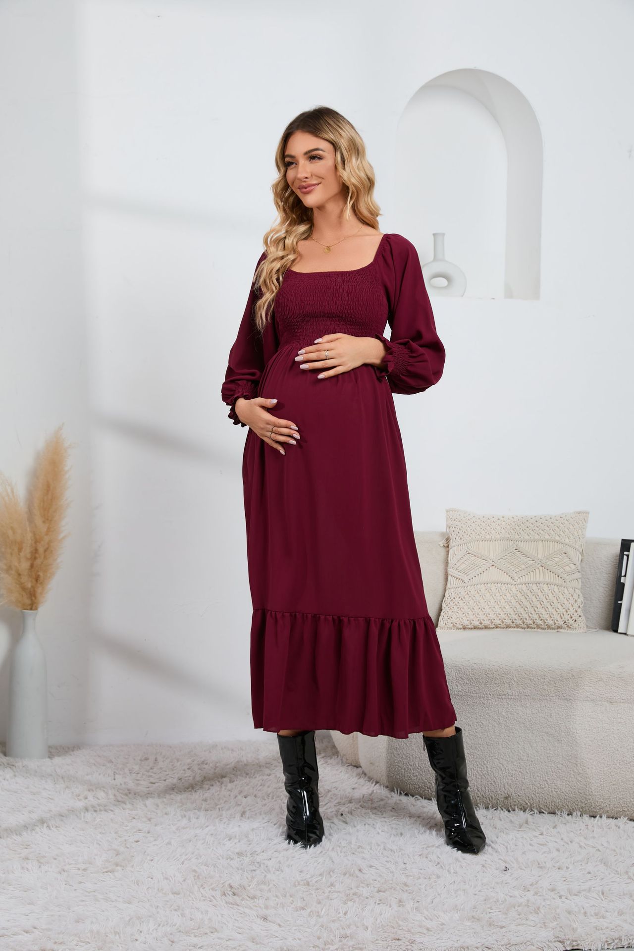 square collar spring and autumn new long sleeve ruffled high waist maternity skirt solid color dress early pregnancy skirt - Image 8