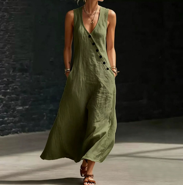 In stock Amazon summer cross-border V-neck sleeveless diagonal button vest dress long women's vacation casual dress - Image 23