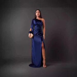 2024 summer new European and American Amazon cross-border women's clothing oblique collar raglan sleeves pleated waist slit sexy long skirt