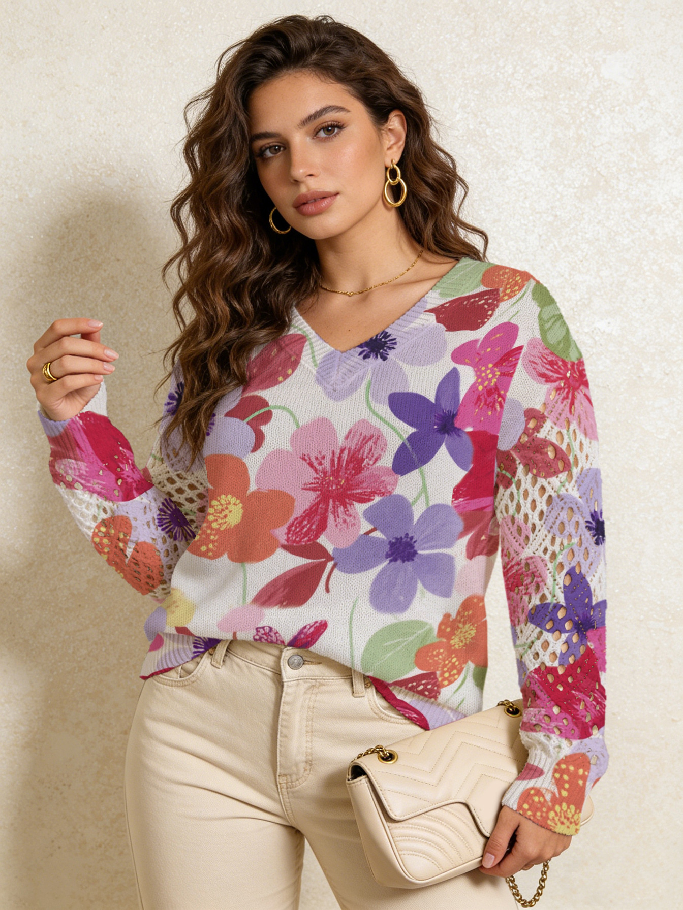 Cross-border AliExpress V-neck printed T-shirt, spring/summer T-shirt, retro pastoral style, all-over floral print, loose casual wholesale. - Image 20