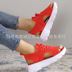 Large size sports sandals women's 2023 summer new thick bottom fly woven soft bottom casual flat hollow European and American beach sandals