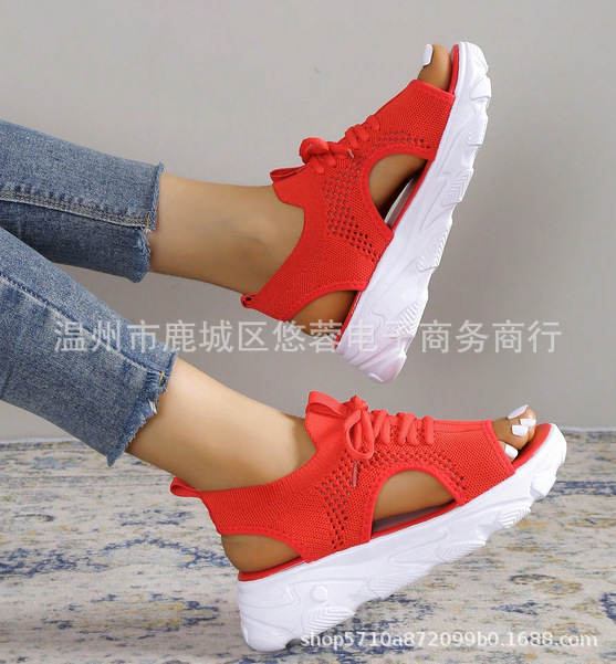 Large size sports sandals women's 2023 summer new thick bottom fly woven soft bottom casual flat hollow European and American beach sandals
