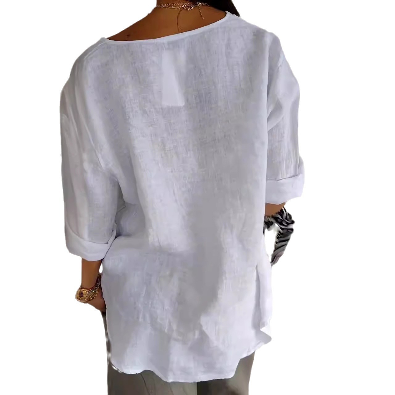 Amazon 2026 Cross-border European and American Summer New Loose T-shirt Women's V-neck Cotton Linen Button Top - Image 5