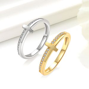 Popular cross-border jewelry ring for women, featuring a cross pattern and diamonds, plated in 18k gold with silver from European, American, Japanese, and Korean styles.