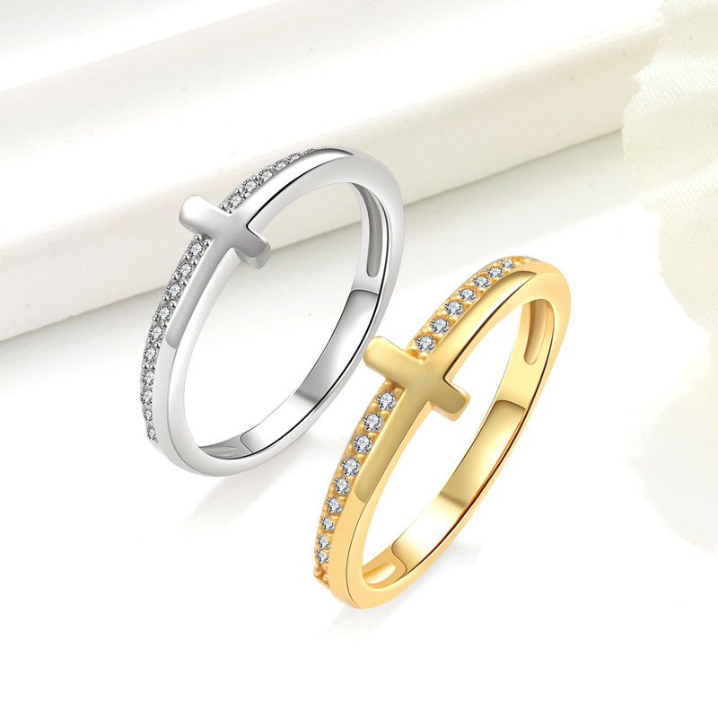 Popular cross-border jewelry ring for women, featuring a cross pattern and diamonds, plated in 18k gold with silver from European, American, Japanese, and Korean styles.