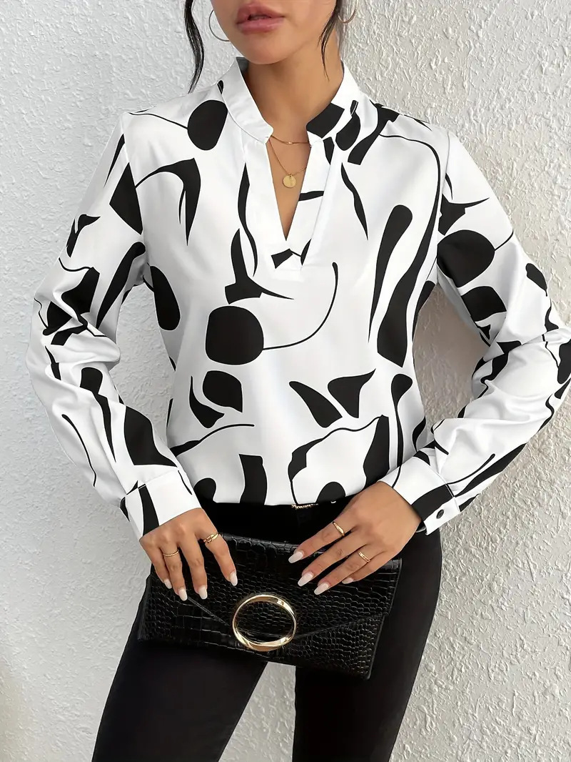 In-stock Amazon, European and American cross-border Wish foreign trade women's printed unsleeved collar shirt casual long-sleeved shirt top - Image 8