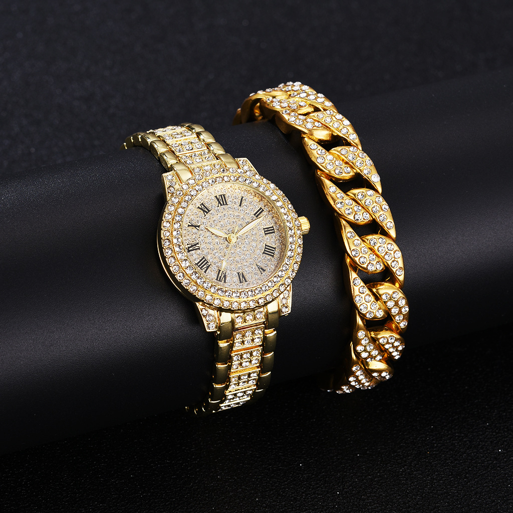 Roman literal steel belt watch full of diamonds starry temperament business quartz watch hip-hop style full diamond bracelet set - Image 5