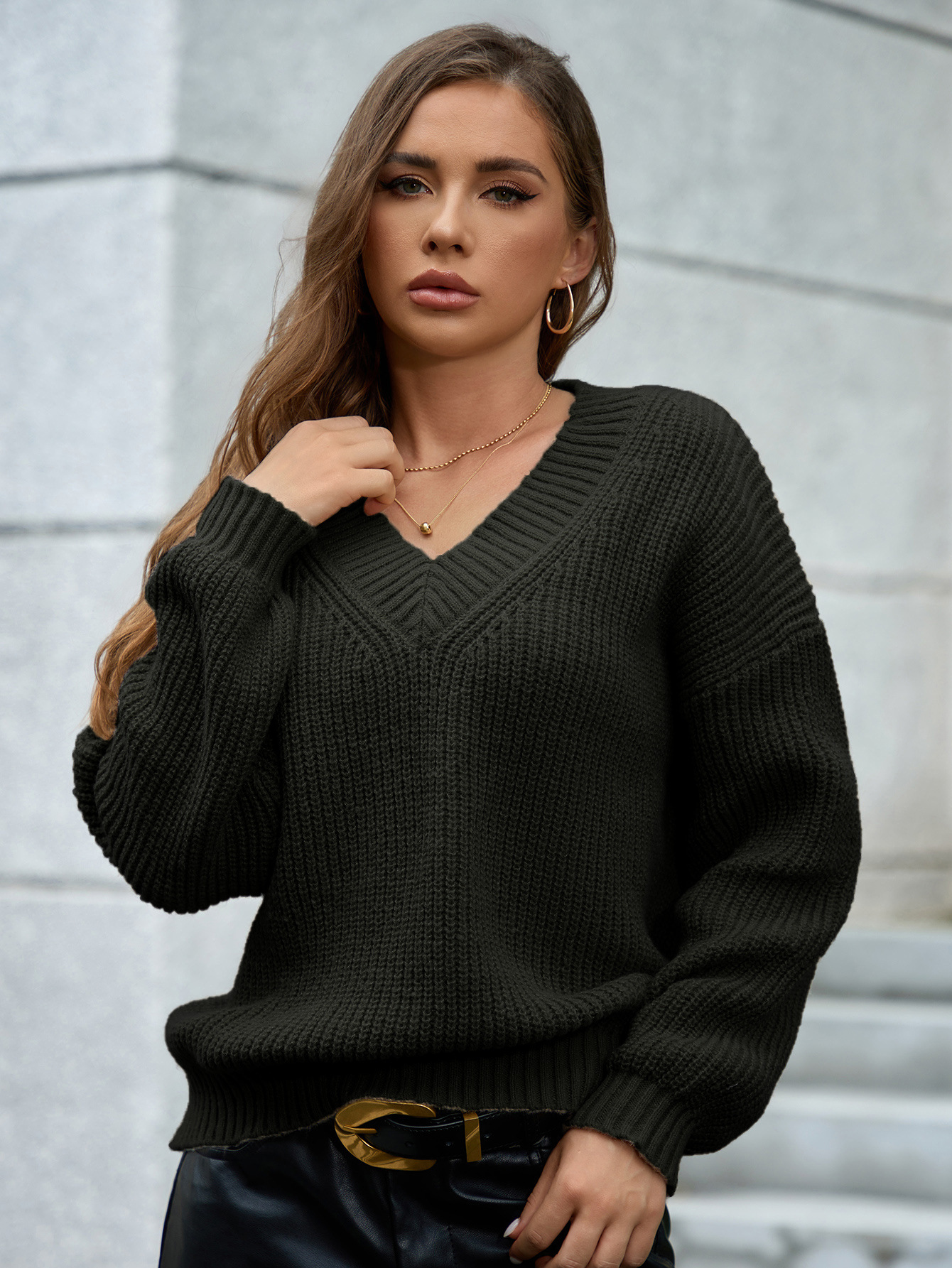 Amazon-style V-neck pullover long-sleeved sweater, cross-border foreign trade women's clothing, fashionable solid color, versatile knitted top. - Image 13