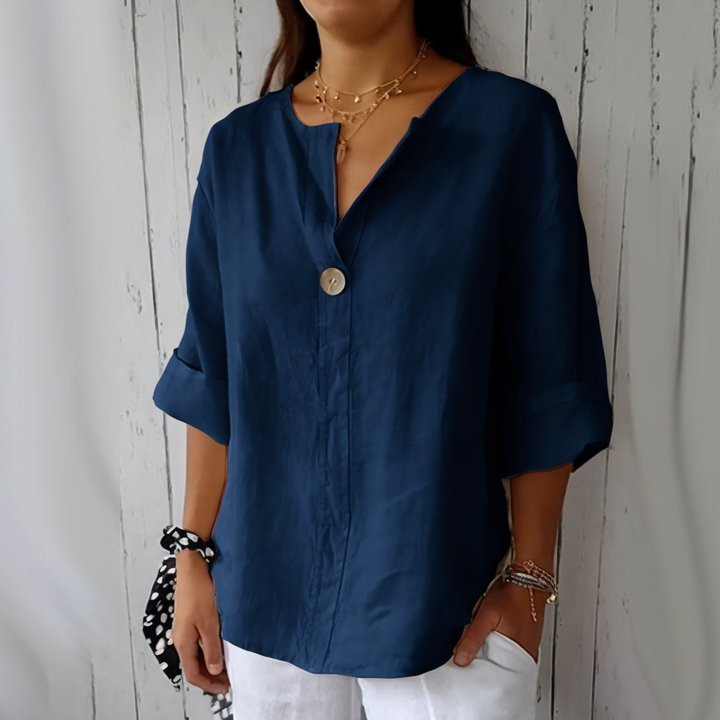 Amazon 2026 Cross-border European and American Summer New Loose T-shirt Women's V-neck Cotton Linen Button Top - Image 4
