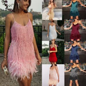 2026 Fashionable Tassel Sequin Multi-Colored Birthday Party Sexy V-Neck Suspender Feather Patchwork Dress