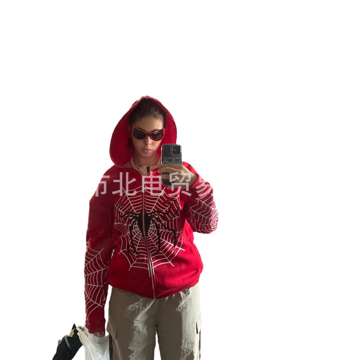 2022 new cross-border European and American INS autumn and winter spider web print street fashion full zipper pullover hooded sweatshirt - Image 2
