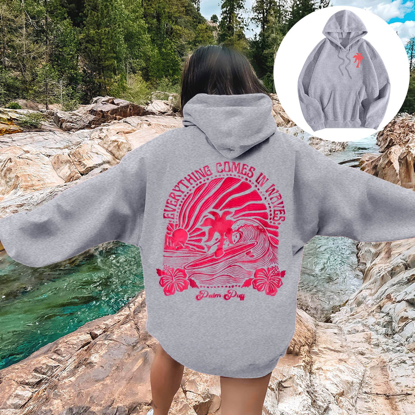 2024 New European Size Women's Drop Shoulder Sleeve Threaded Hawaii Hibiscus Brand Sweatshirt Hoodie Print - Image 9