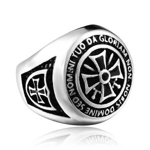 Steel Warrior European and American Style Retro Creative Stainless Steel Ring with Epoxy Shield and Cross Design, Titanium Steel Ring Ornament