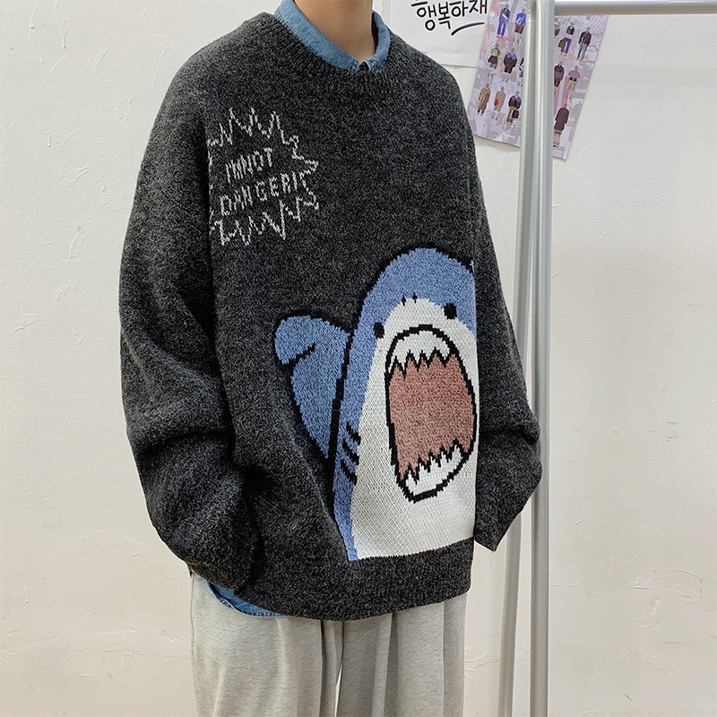Autumn and winter shark cartoon round neck sweater men's casual loose Korean style trendy warm student thickened sweater - Image 3
