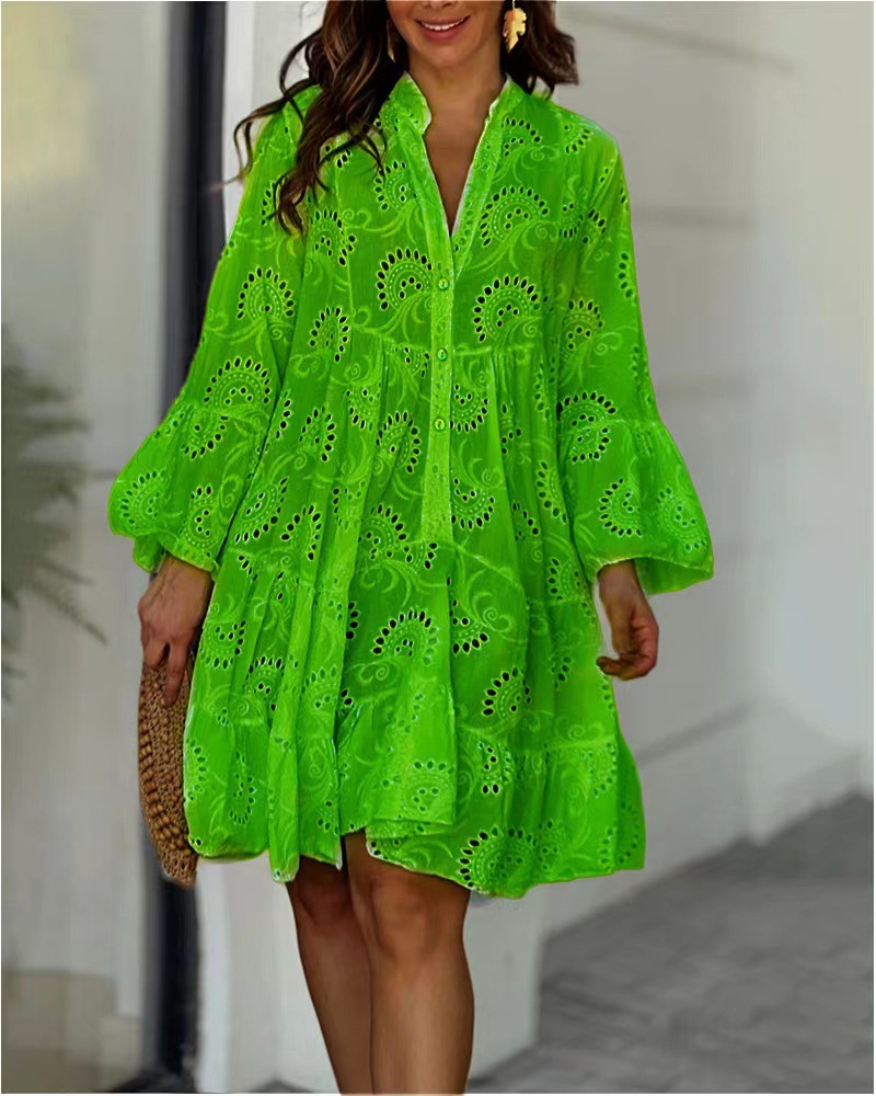 Spot 2023 European and American cross-border spring and summer Amazon solid color V-neck loose embroidery hollow lace dress - Image 12