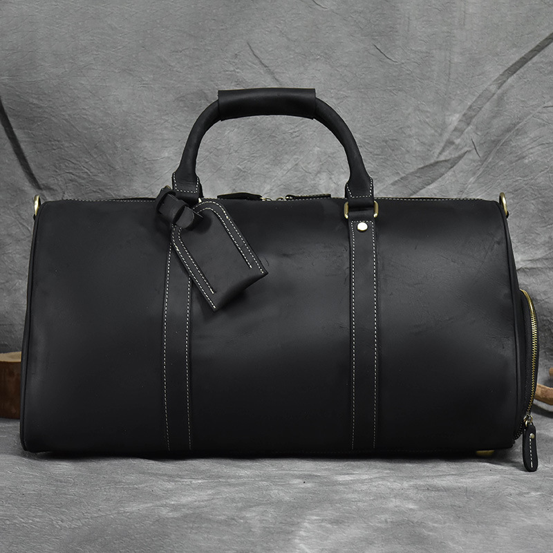Retro Crazy Horse Leather Travel Bag for Men, Genuine Leather Luggage Bag, 20-inch Large Capacity Handbag with Shoe Compartment, Gym Bag - Image 8