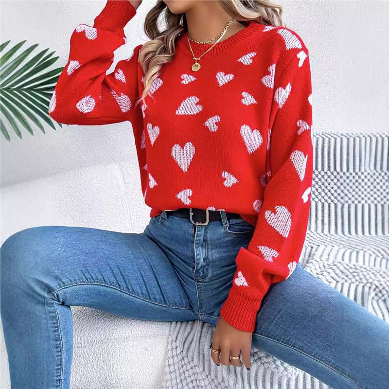 Real shot of 2025 Fall/Winter casual color-blocked heart lantern sleeve pullover sweater, Amazon cross-border Valentine's Day women's clothing.