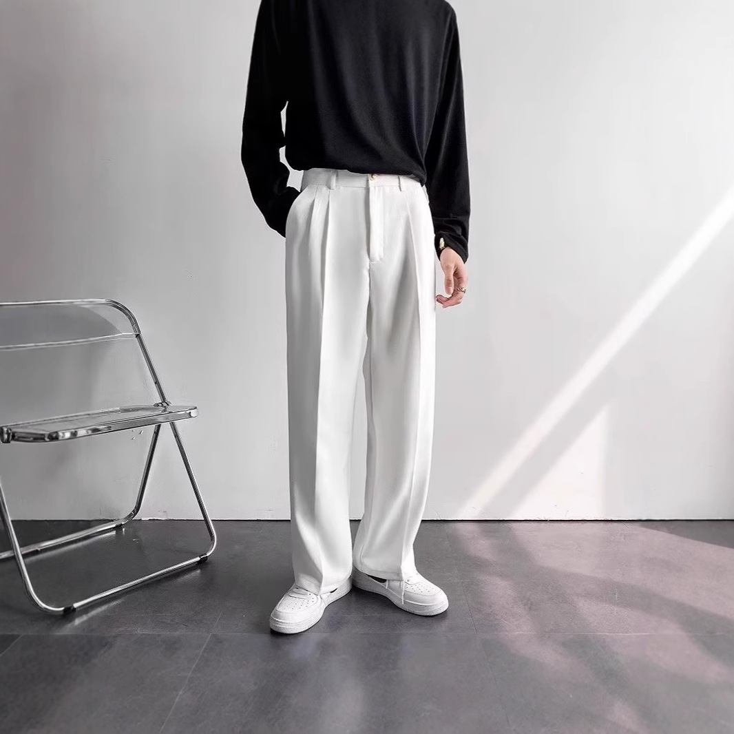 American-style white men's suit pants, high-end look, loose-fitting straight leg, floor-length, casual and versatile, trendy suit pants. - Image 2