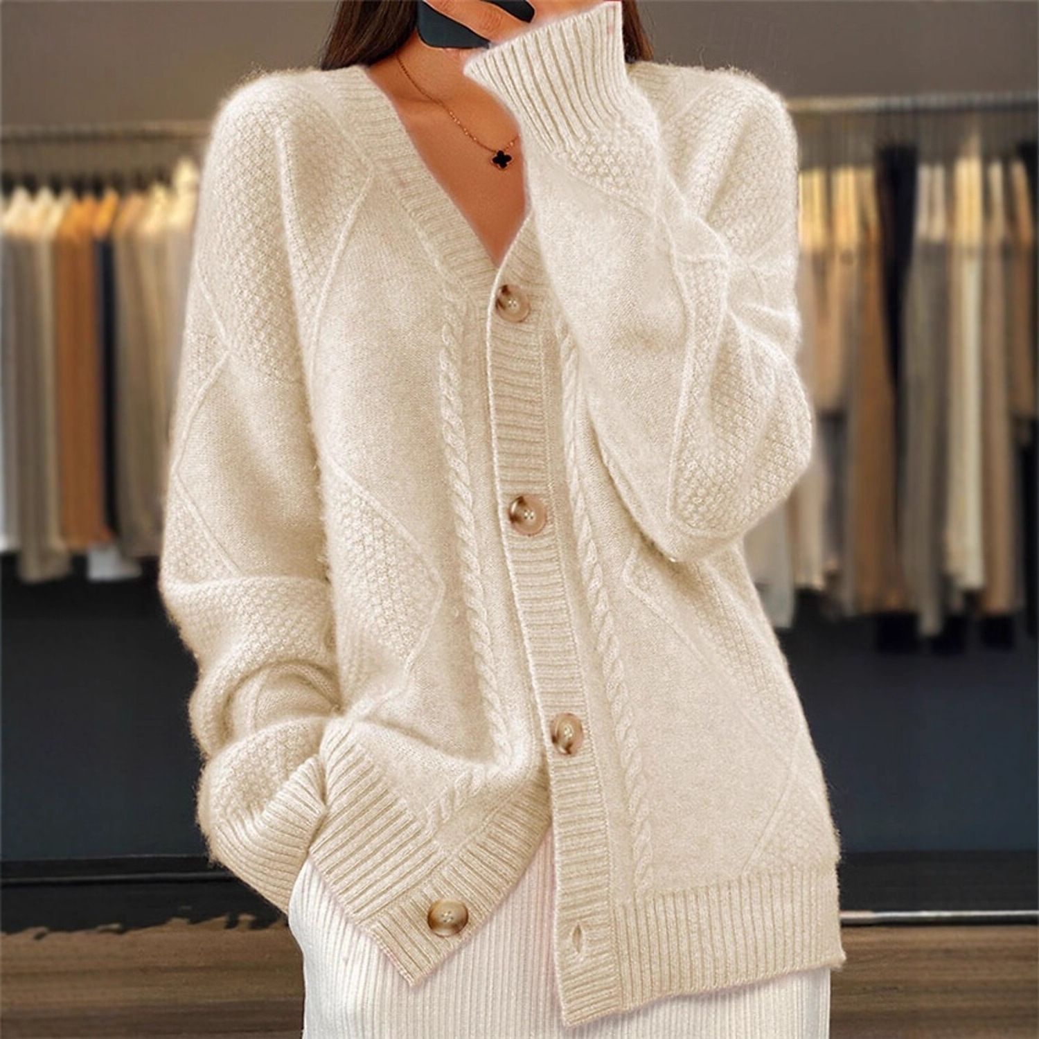 2026 Spring Cross-Border US Size Autumn/Winter New Solid Color Long Sleeve V-Neck Knitted Cardigan, Button-Up Sweater, Women's Outerwear - Image 9