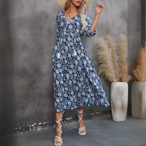 Real photos, in stock, 2026, independent Amazon website, V-neck short-sleeved rayon dress, bohemian style, vacation beach dress.
