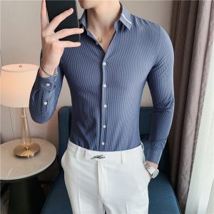 Spring new men's slim shirt collar ribbon shirt Korean style slim striped shirt men's casual shirt