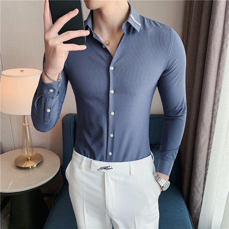 Spring new men's slim shirt collar ribbon shirt Korean style slim striped shirt men's casual shirt