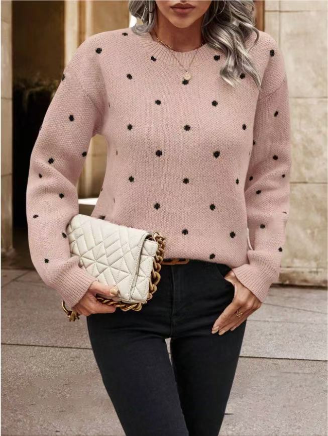 Popular European and American style polka dot knit sweater, sweet round neck long-sleeved top, fashionable and versatile pullover sweater for autumn and winter. - Image 6
