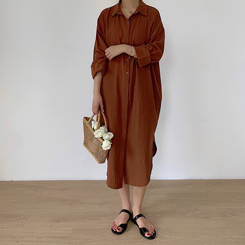 2025 Korean chic, relaxed style, simple basic comfortable long over-the-knee shirt, trench coat, jacket, shirt. - Image 11